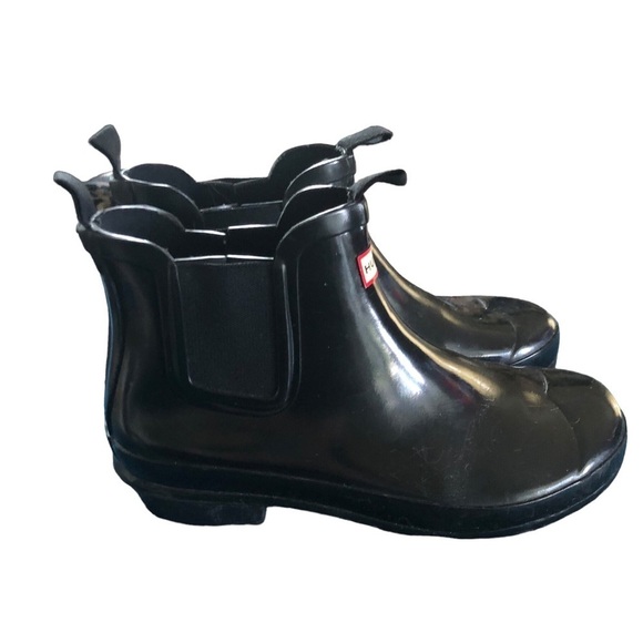 Hunter Short Chelsea Rubber Garden Boot Stretch Ankle Sz. 8 Shiny Black Flawed - Picture 1 of 8